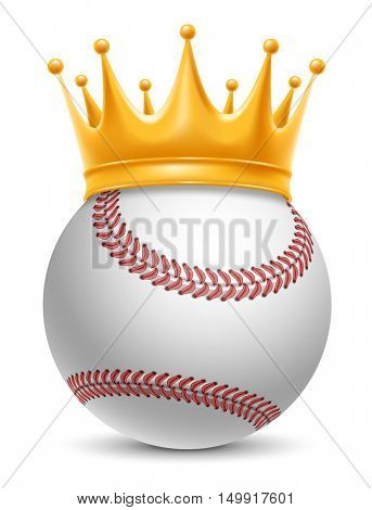 Baseball Ball in Golden Royal Crown. Concept of success in baseball sport. Baseball - king of sport. Realistic Stock Vector Illustration. Isolated on White Background.