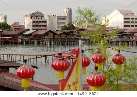 GEORGETOWN MALAYSIA - MAY 29: closeup view of Hean Boo Thean Kuanyin Chinese Buddhist temple in Clan Jetties. Built on stilts over the harbor of George Town