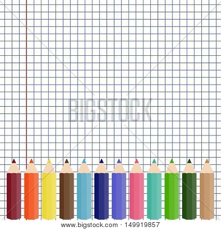 Notebook paper and color pencils. Vector illustration