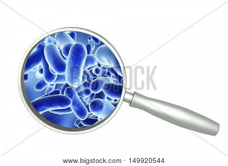 Magnifying glass and colony of pathogen bacteria. Isolated on white background. 3d render