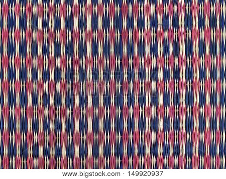 colorful traditional Thai weave mat pattern background, colors design like Thai flag, Asian style native wickerwork made of straw or reed for sit relax leisurely or home decoration, close-up top view