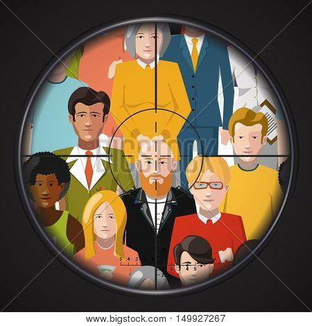 Sniper takes aim at criminals in a crowd square flat illustration