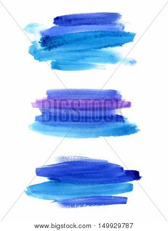 Set of abstract blue watercolor stextures isolated on white background hand made drawing