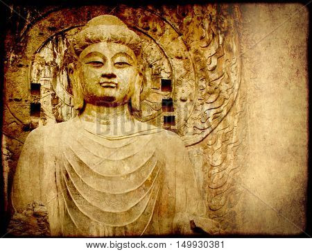 Grunge background with old paper texture and Buddha's statue, Longmen Grottoes, Luoyang, China
