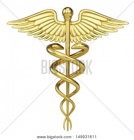 Gold Caduceus - medical symbol isolated on white. 3d render