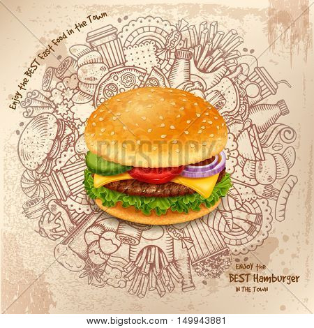 Fast Food Round Design in Outline Hand Drawn Doodle Style with Different Objects on Fast Food Theme. Tasty Hamburger in center. Vector stock Illustration. 