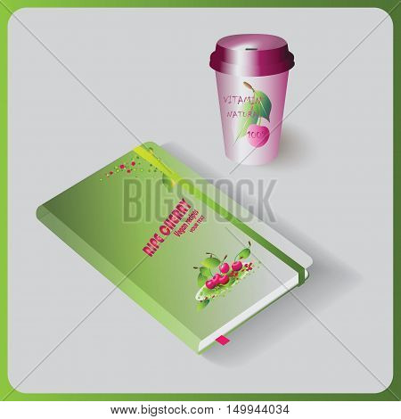 Notepad and a drink. Proper nutrition. Vector image.