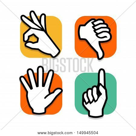 Isolated abstract colorful social network logo set. Human hands, fingers logotypes.Web buttons.Thumb down, ok, pointing finger, give five signs. Dislike, victory, hello symbol. Vector illustration
