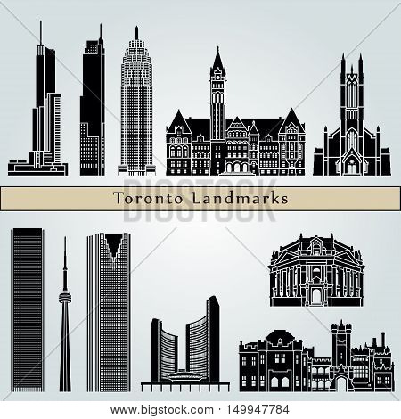 Toronto landmarks and monuments isolated on blue background in editable vector file