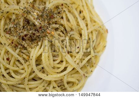 An italian recipe with pasta, garlic and red hot chili pepper