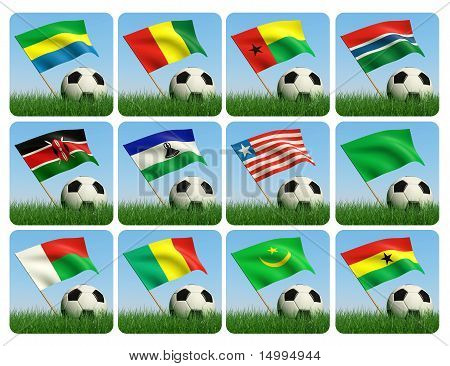 Ballon de foot dans l'herbe. Drapeaux africains. 3D