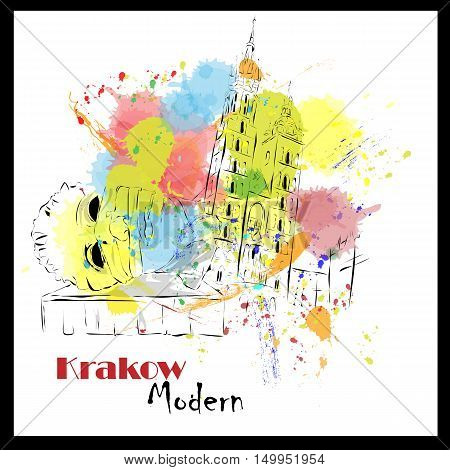 European cities, sketch, Krakow,  modernist style, background, colors