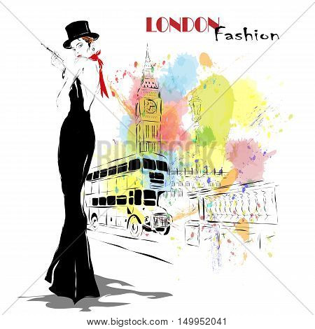 Fashion girl in sketch-style. Vector illustration. London fashion