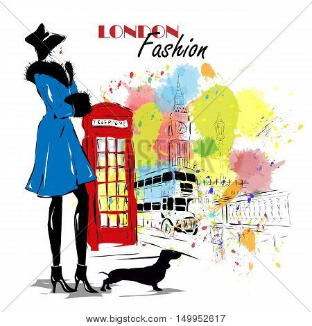 Fashion girl in sketch-style. Vector illustration. London fashion