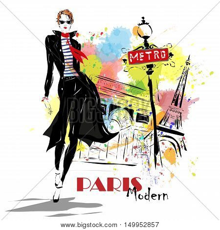 Fashion girl in sketch-style. Vector illustration. Paris fashion