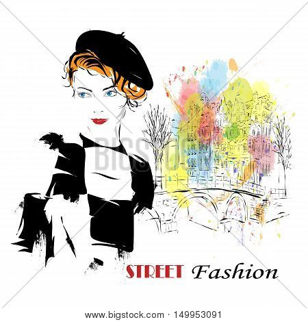 Fashion girl in sketch-style. Vector illustration. Amsterdam fashion