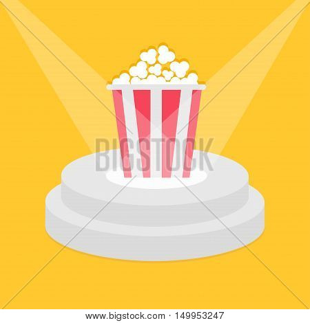 Round stage podium illuminated by spotlights. Popcorn red white strip box. Pedestal for display. 3d realistic platform design. Isolated. Yellow background. Flat. Vector illustration