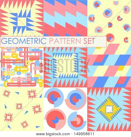 Seamless geometric patterns. Flat red, blue, yellow texture vector