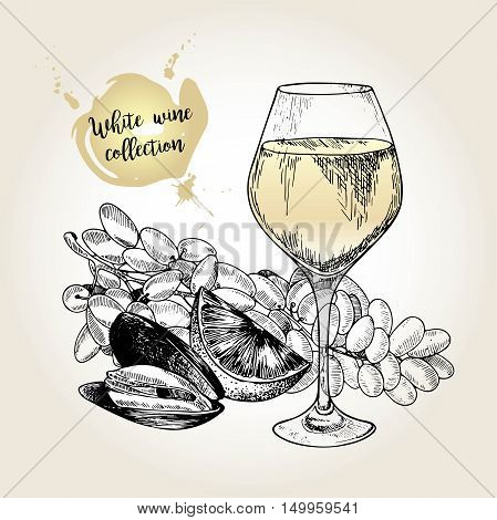 Vector set of white wine collection. Engraved vintage style. Glass mussel lime and sultana grape. Isolated on grunge background. . Use for restaurant cafe store food menu design