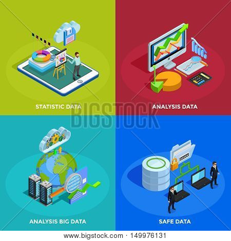 Big data collecting safe storage and analytic analysis for business efficiency 4 isometric icons square isolated vector illustration