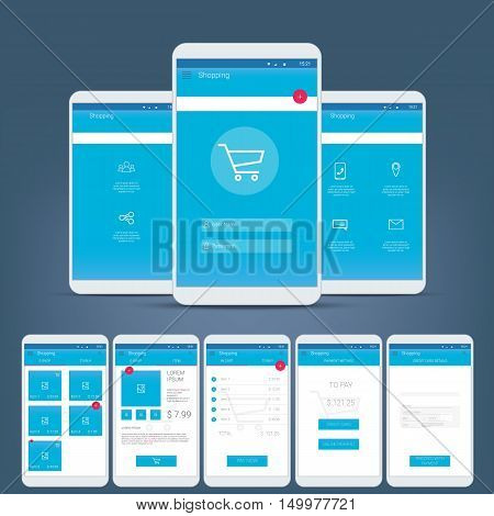 Flat design user interface for smart phone or mobile e-shop apps. Navigation menu with line icons and buttons. Various application screens. Eps10 vector illustration
