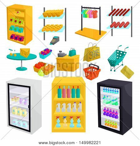 Supermarket icons set in cartoon style. Shopping elements set collection vector illustration