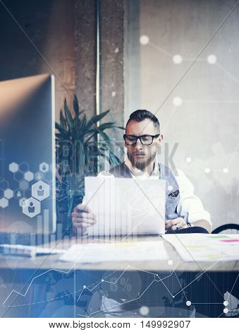 Concept Global Connection Virtual Icon Diagram Graph Interface Startup Reserch.Bearded Businessman Making Great Business Decisions.Creative Man Holding Papers Hands Table Workplace.Vertical Blurred