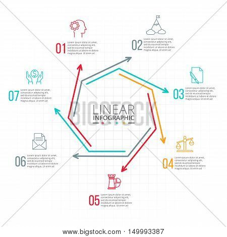 Thin line flat heptagon for infographic. Template for diagram, graph, presentation and chart. Business concept with 7 options, parts, steps or processes. Data visualization.