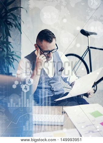 Concept Global Connection Virtual Icon Diagram Graph Interface Innovations Reserch.Bearded Businessman Making Great Business Decisions.Young Man Working Startup Strategy Plan.Blurred Vertical