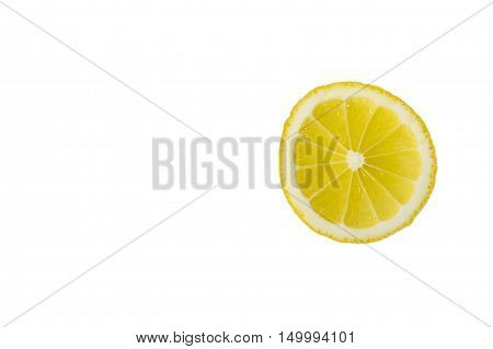 Single cross section of yellow lemon isolated on white background.