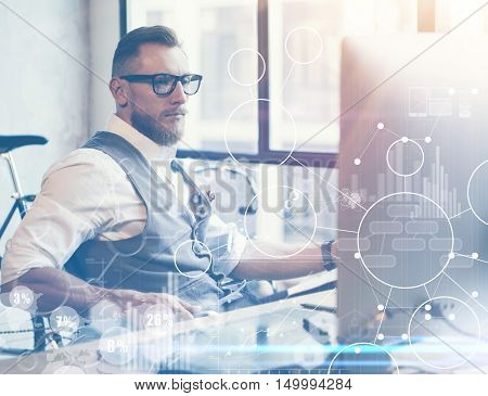 Concept Global Strategy Virtual Icon Diagram Graph Interface Innovations Reserch.Bearded Businessman Making Great Business Decisions.Young Man Working Startup Project. Blurred Flares Effect