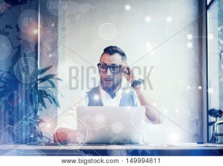 Concept Global Connection Virtual Icon Diagram Graph Interface Innovations Reserch.Bearded Businessman Making Great Business Decisions.Young Man Working Startup Strategy Documents His Hands.Blurred