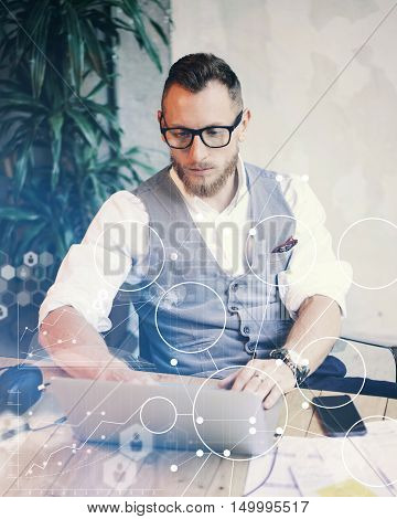 Concept Global Strategy Virtual Icon Diagram Graph Interface Innovations Reserch.Bearded Businessman Searching Great Business Decisions.Young Man Working Laptop Startup Project. Blurred Flares Effect