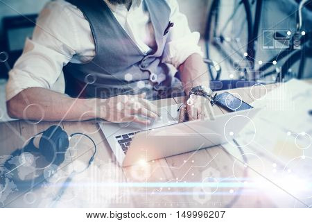 Concept Global Strategy Virtual Icon Diagram Graph Interface Innovations Reserch.Bearded Businessman Searching Great Business Decisions.Young Man Working Laptop Startup Project. Blurred Flares Effect