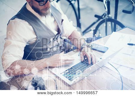 Concept Global Strategy Virtual Icon Diagram Graph Interface Investments Reserch.Bearded Businessman Searching Great Business Decisions.Young Man Working Laptop Startup Project. Blurred Horizontal