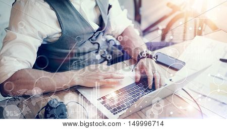 Concept Global Strategy Virtual Icon Diagram Graph Interface Investments Reserch.Bearded Businessman Searching Great Business Decisions.Young Man Working Laptop Startup Project. Blurred Flares Effect