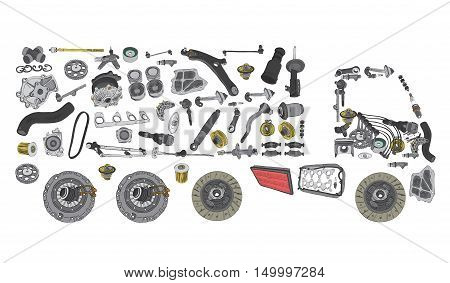 Images truck assembled from auto spare parts