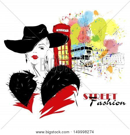 Fashion girl in sketch-style. Vector illustration. London fashion