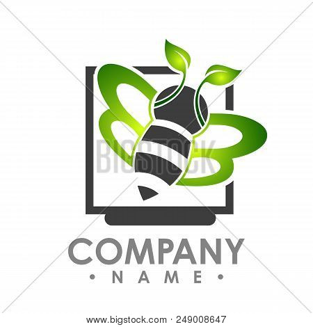 Logo Abstract Bee Flying With Green Leaf Wing Inside Aquare Shape