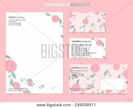 Corporate Identity, Business Style Template With Rose Flower Pattern Background. Useful For Wedding 