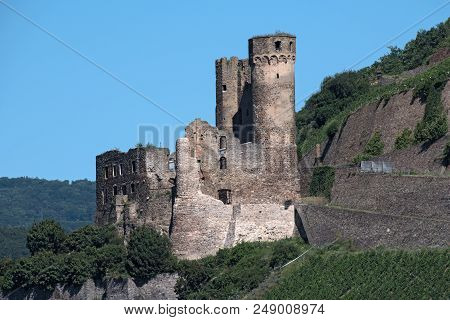 Ehrenfels Castle Ruins On The Rhine Near Rüdesheim Opposite Bingen On The Rhine River, Hesse, Germa