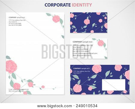 Corporate Identity, Business Style Template With Rose Flower Pattern Background. Useful For Wedding 