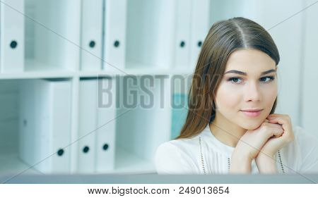Close Up Portrait Of Young Business Woman Look In  Monitor Display. Effective Management, Startup Am