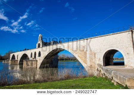 Avignon, France - March, 2018: Famous Avignon Bridge Also Called Pont Saint-benezet At Avignon Franc