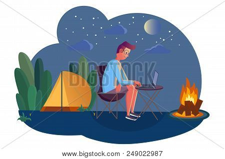 Man Camping And Working On Laptop. Evening Scene With Tent, Campfire, Moon And Stars On Background. 