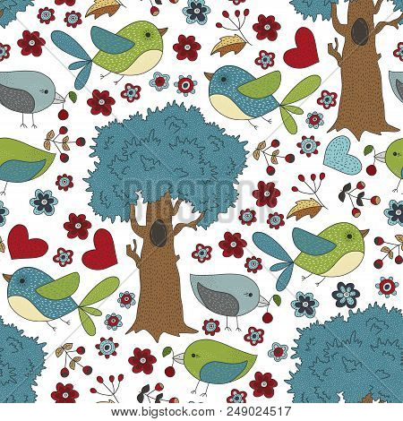Seamless Vector Forest Pattern With Cute Color Illustrations. Cutr Little In The Magic Forest
