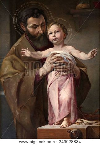 HINTERBRAND, GERMANY - JULY 04: Saint Joseph holding child Jesus, altarpiece in chapel in Hinterbrand, Germany on July 04, 2017.
