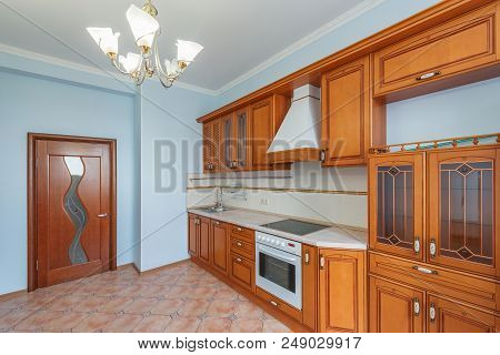 Moscow, Russia - June 30, 2018: Wooden Furniture Inside The New Kitchen.