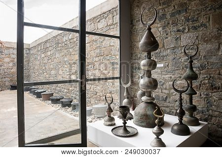 Bayburt, Turkey - June 20, 2018: Extraordinary Baksi Museum rising in Bayraktar village, where only 480 people living in 80 houses. Warehouse museum interior.