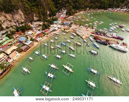Aerial View Of The Beach With Fishing Boats. Elnido, Philippines, 2018.